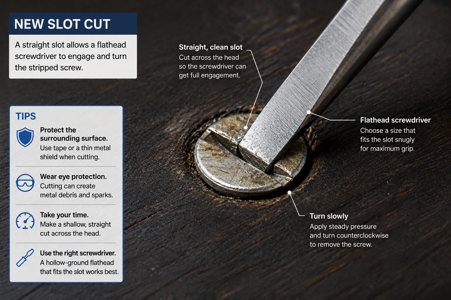 Cutting a new slot in a stripped screw as a last resort