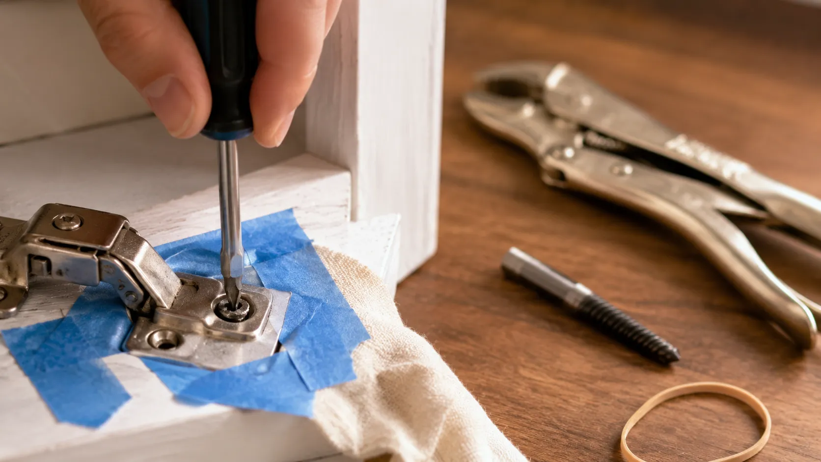 Removing a stripped screw from a cabinet hinge while protecting the surface