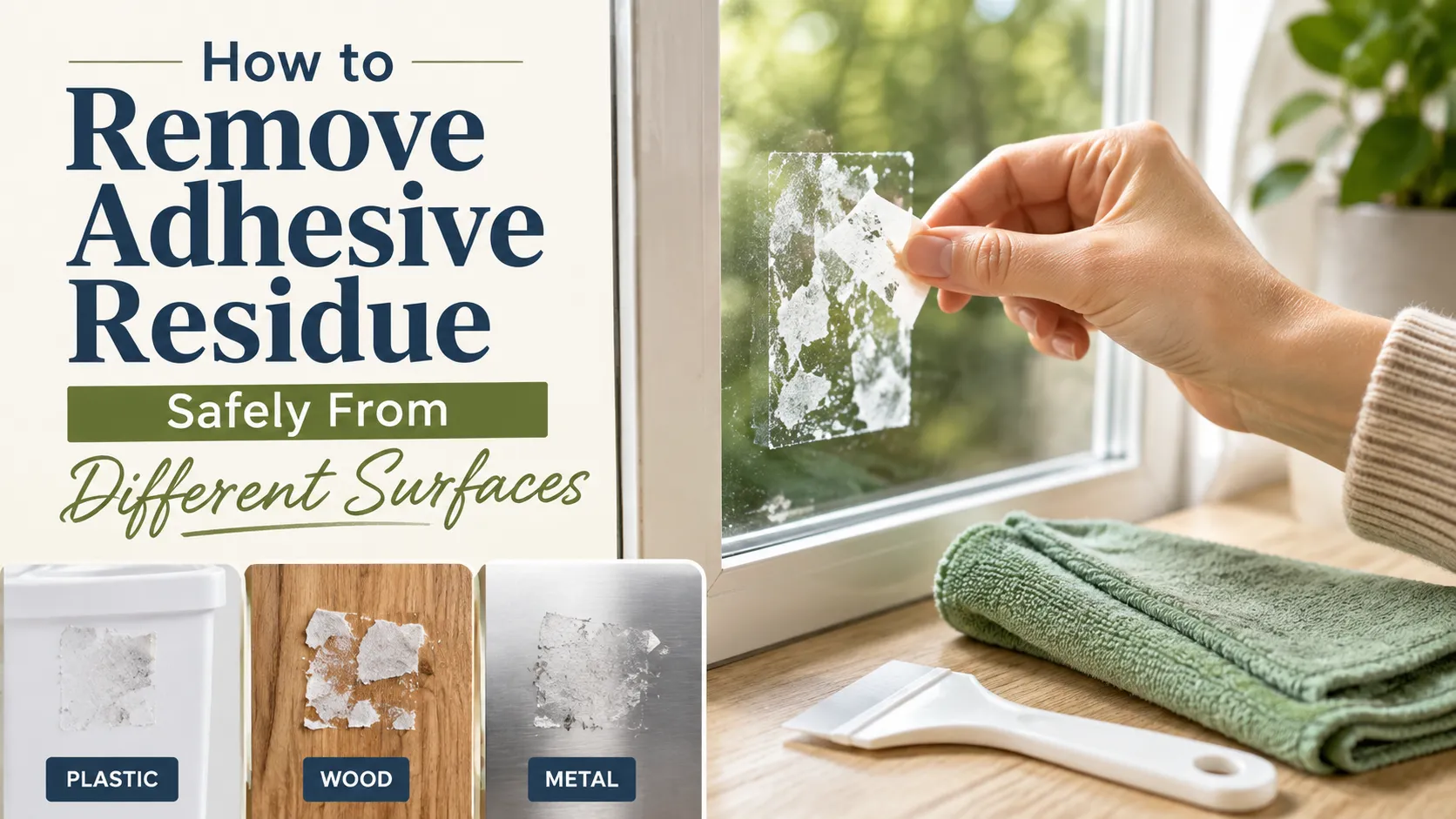 Removing adhesive residue from a window with a scraper, with test patches shown on plastic, wood, and metal