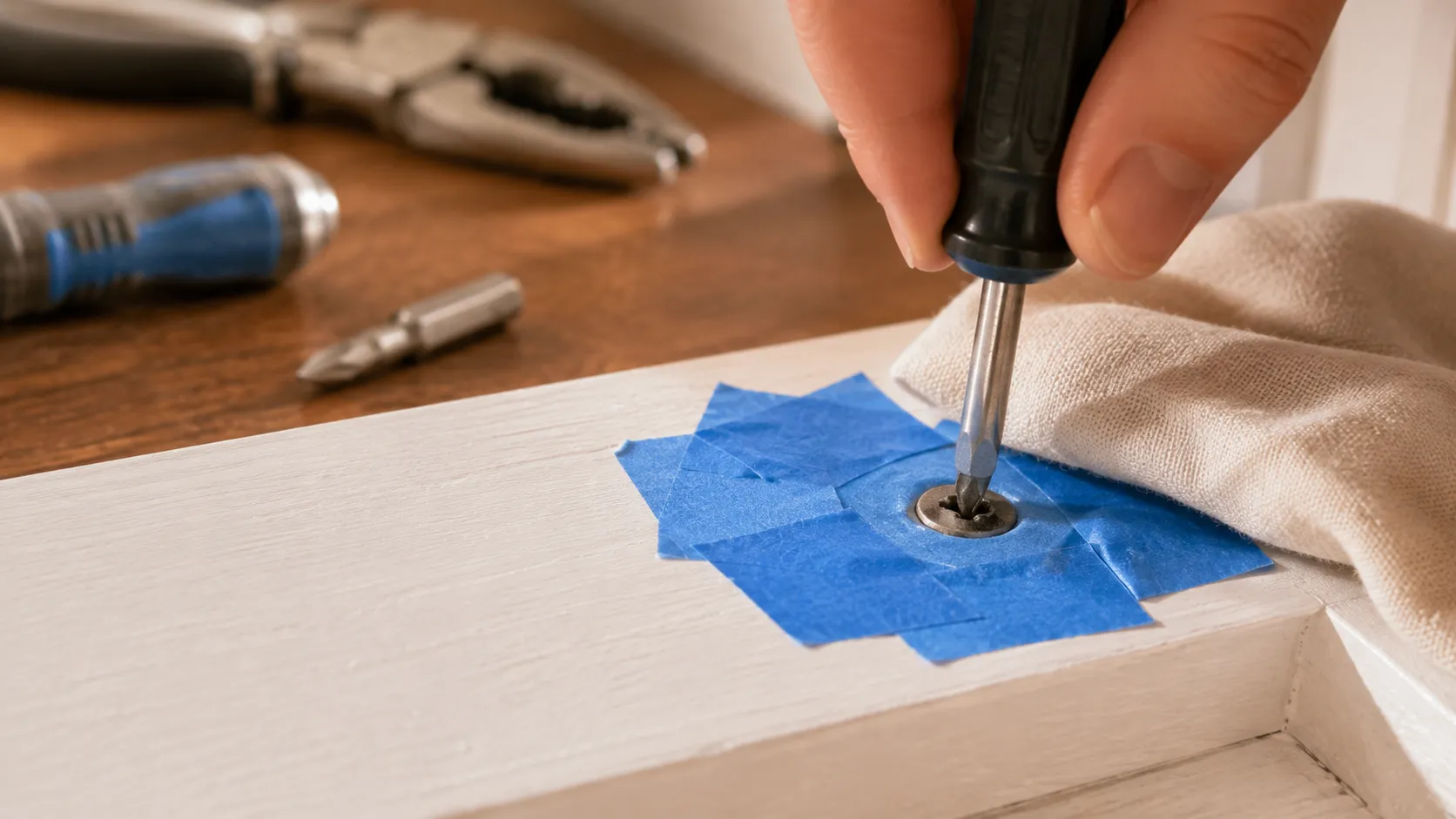 Painter's tape protecting a finished surface around a stripped screw