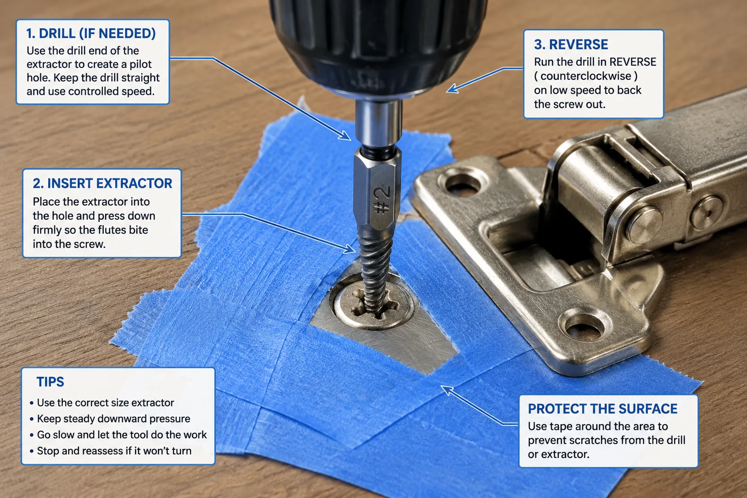 Steps for using a screw extractor carefully on a flush stripped screw